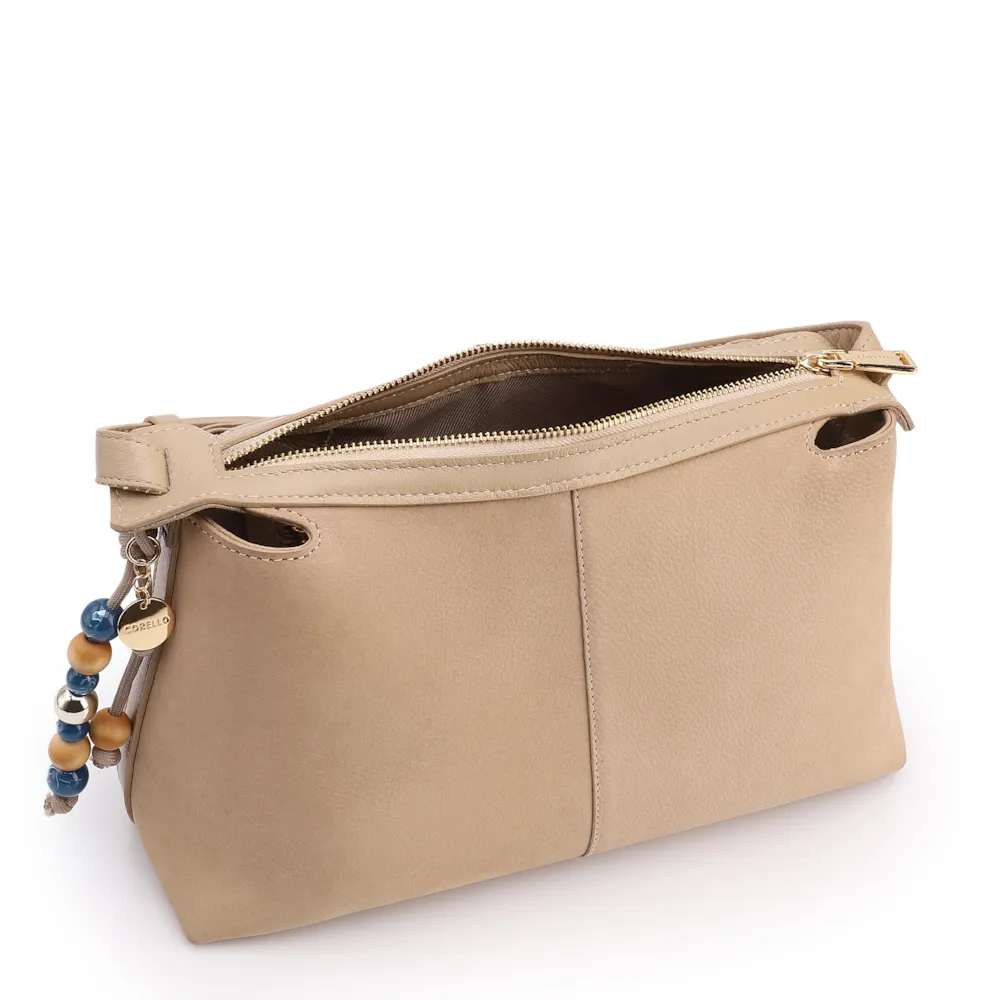 Bolsa Transversal Média Couro Nobuck Floater Bege Miçangas - imagem 4