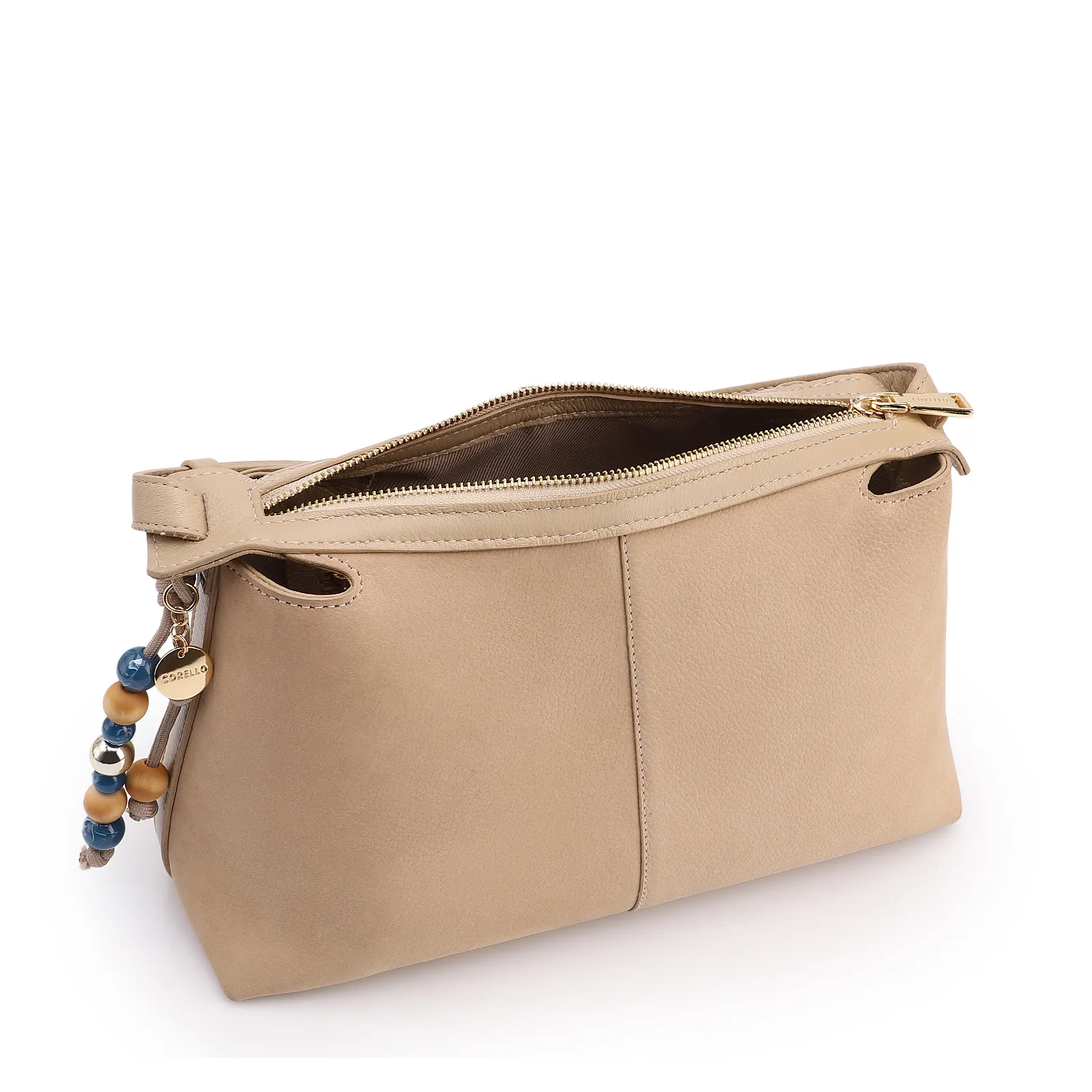 Bolsa Transversal Média Couro Nobuck Floater Bege Miçangas