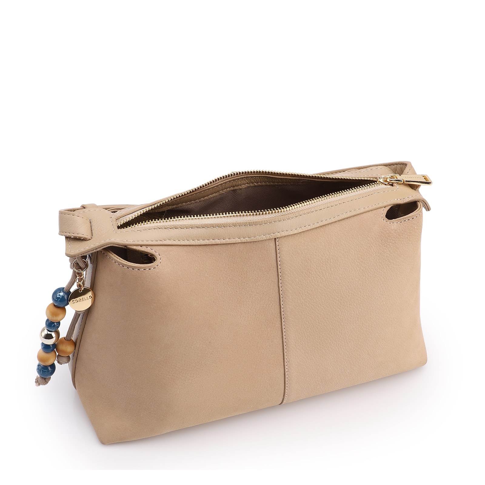 Bolsa Transversal Média Couro Nobuck Floater Bege Miçangas