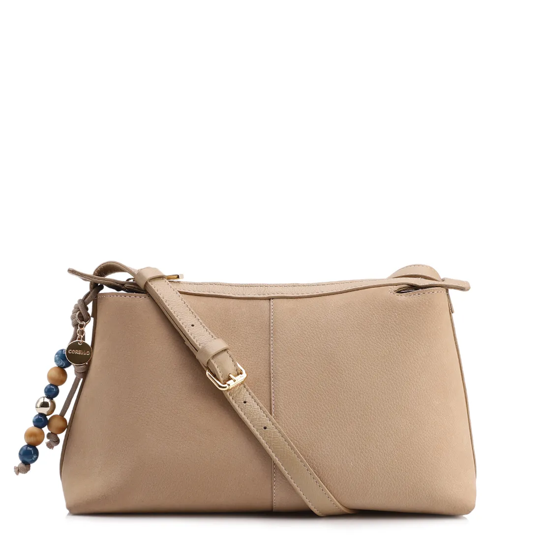 Bolsa Transversal Média Couro Nobuck Floater Bege Miçangas