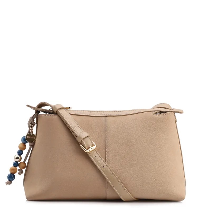 Bolsa Transversal Média Couro Nobuck Floater Bege Miçangas