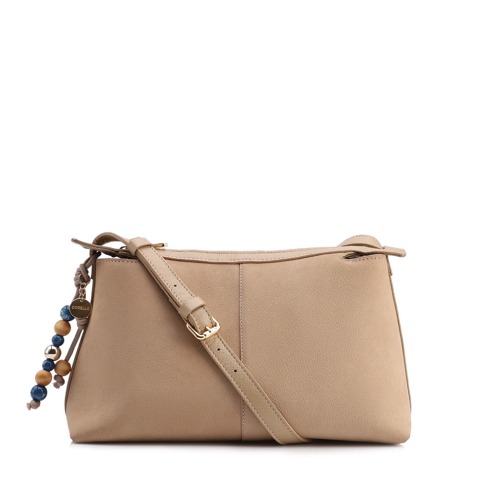 Bolsa Transversal Média Couro Nobuck Floater Bege Miçangas