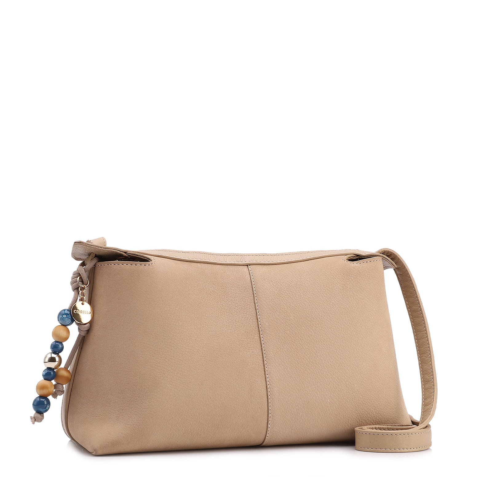 Bolsa Transversal Média Couro Nobuck Floater Bege Miçangas