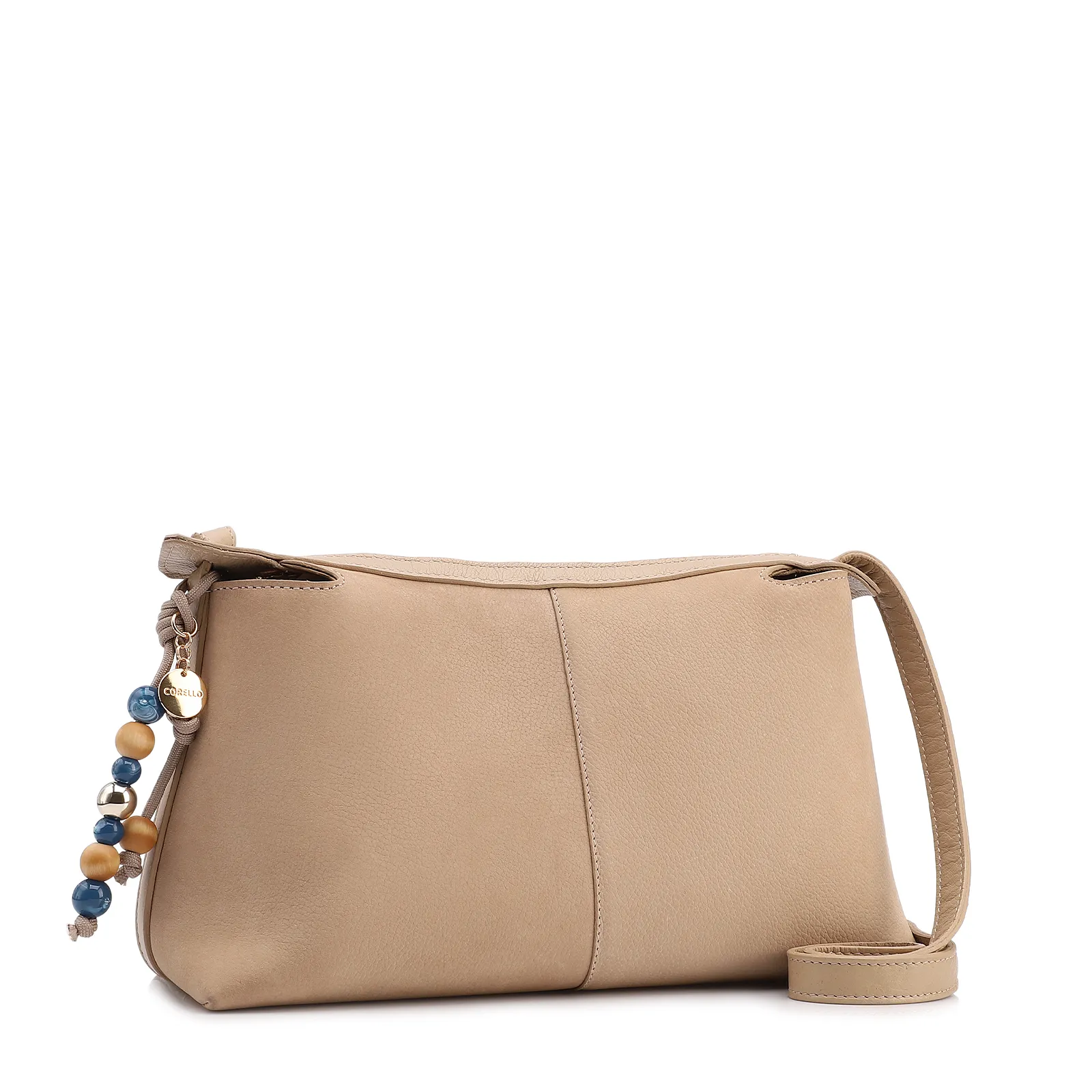 Bolsa Transversal Média Couro Nobuck Floater Bege Miçangas