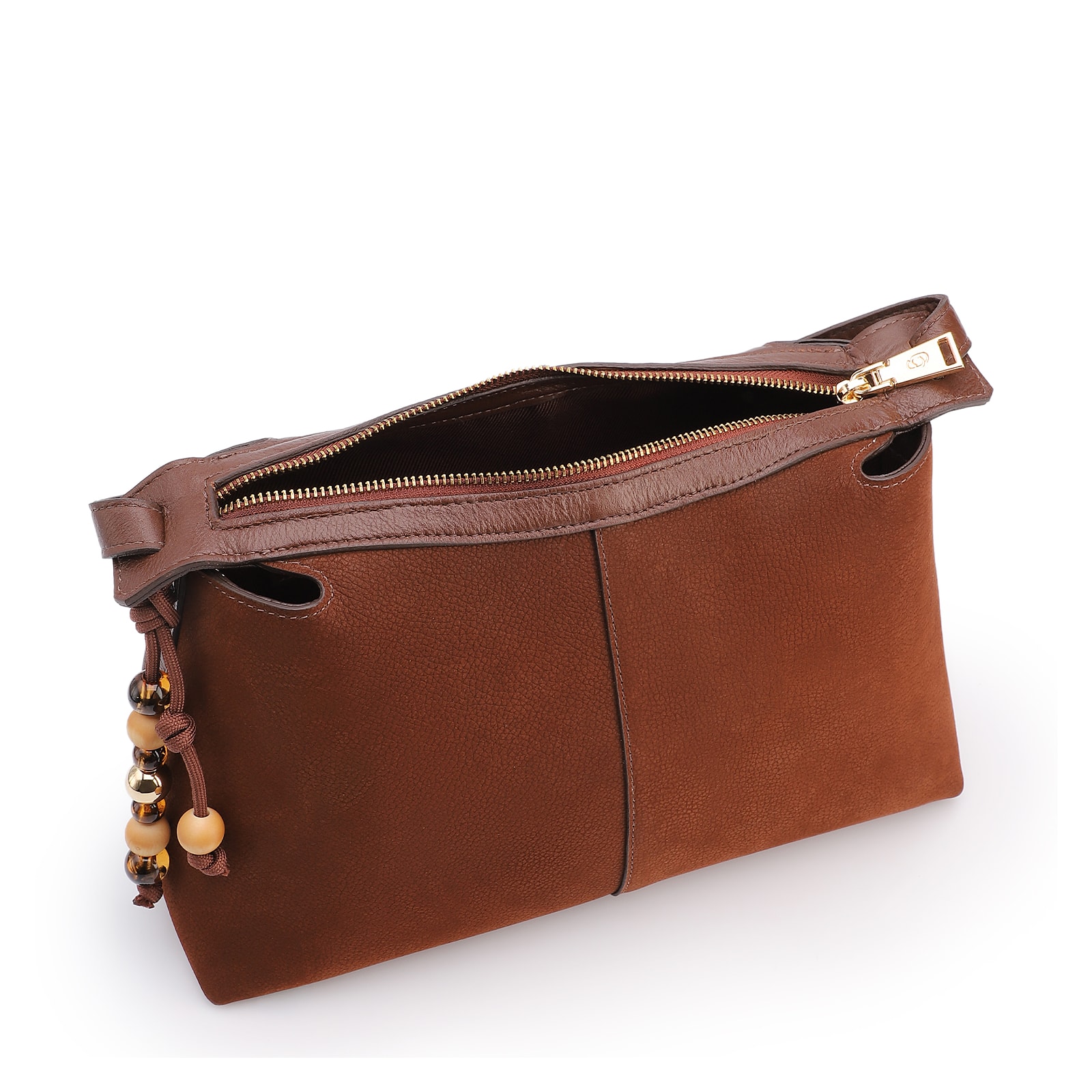Bolsa Transversal Média Couro Nobuck Floater Marrom Miçangas