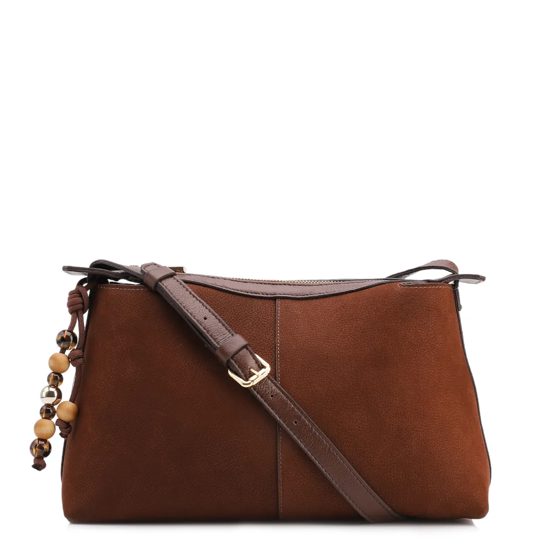 Bolsa Transversal Média Couro Nobuck Floater Marrom Miçangas