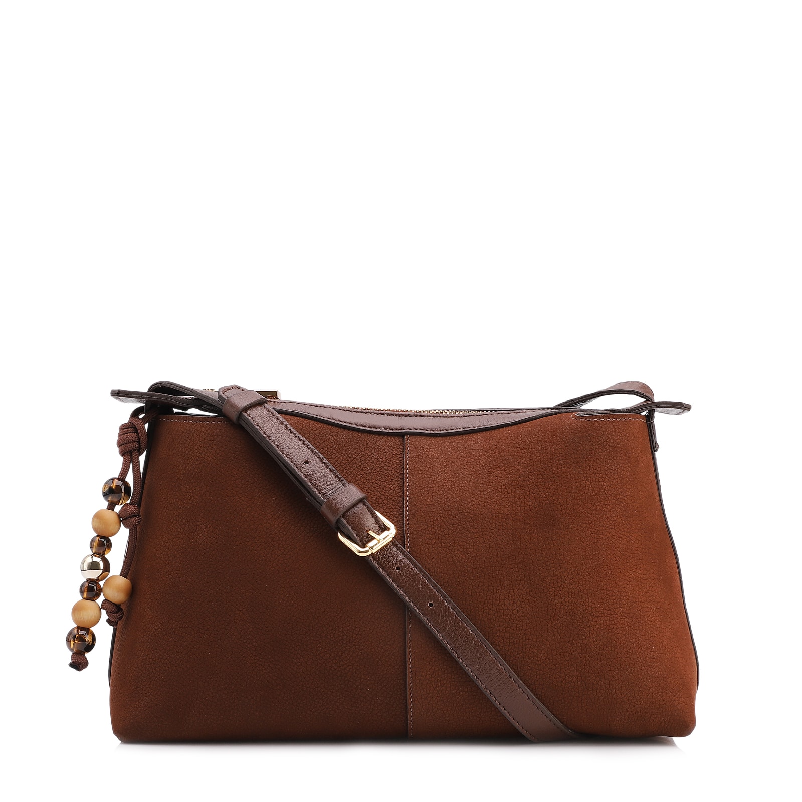 Bolsa Transversal Média Couro Nobuck Floater Marrom Miçangas