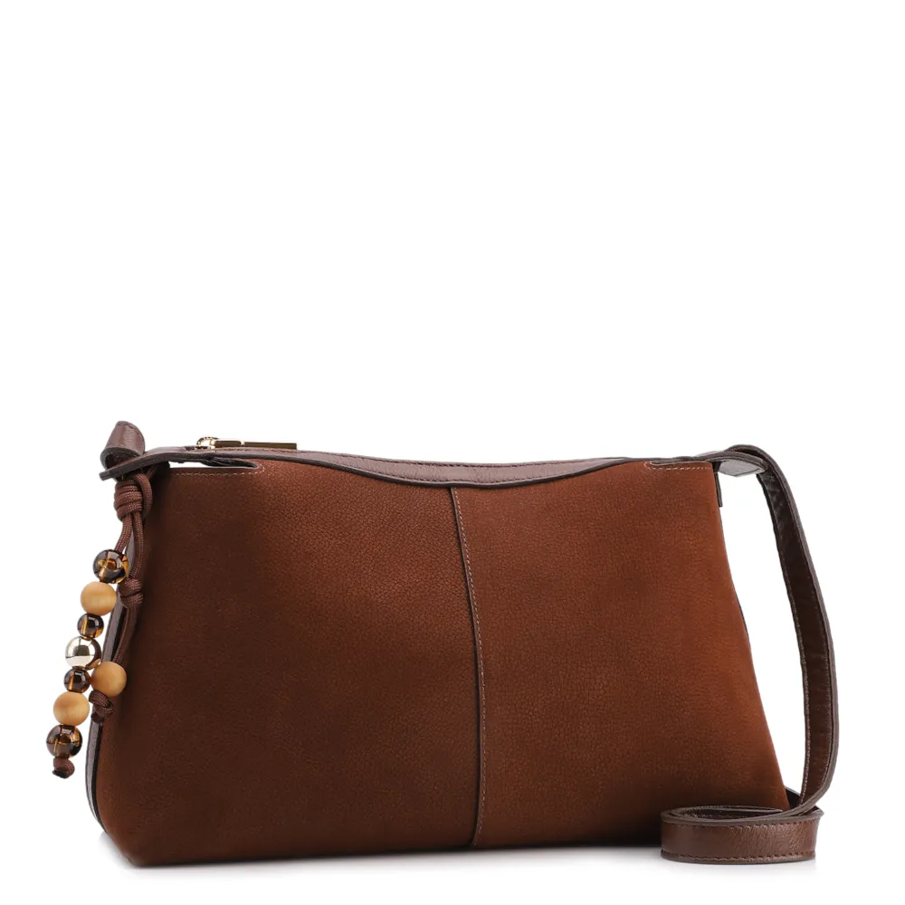 Bolsa Transversal Média Couro Nobuck Floater Marrom Miçangas - imagem 2