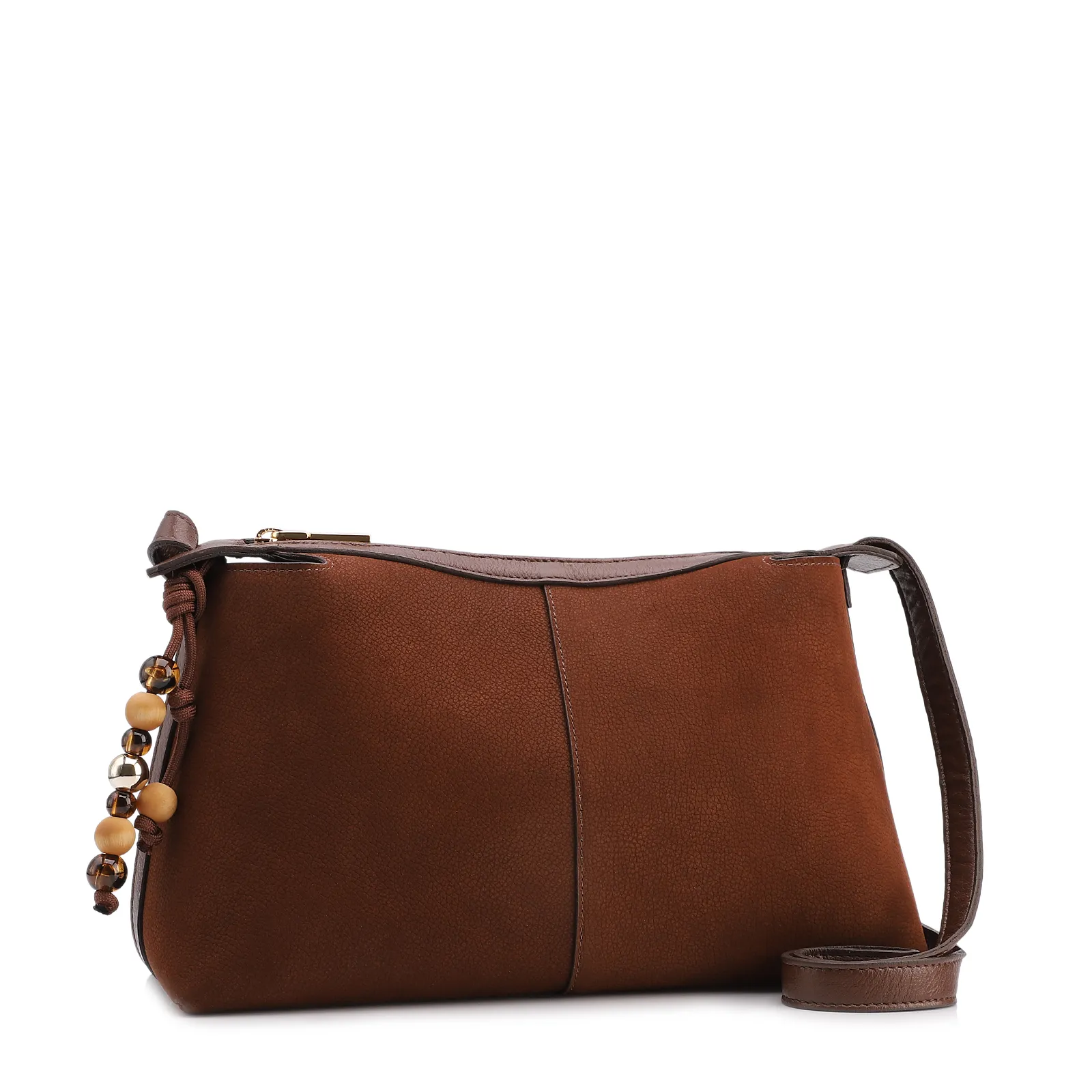 Bolsa Transversal Média Couro Nobuck Floater Marrom Miçangas