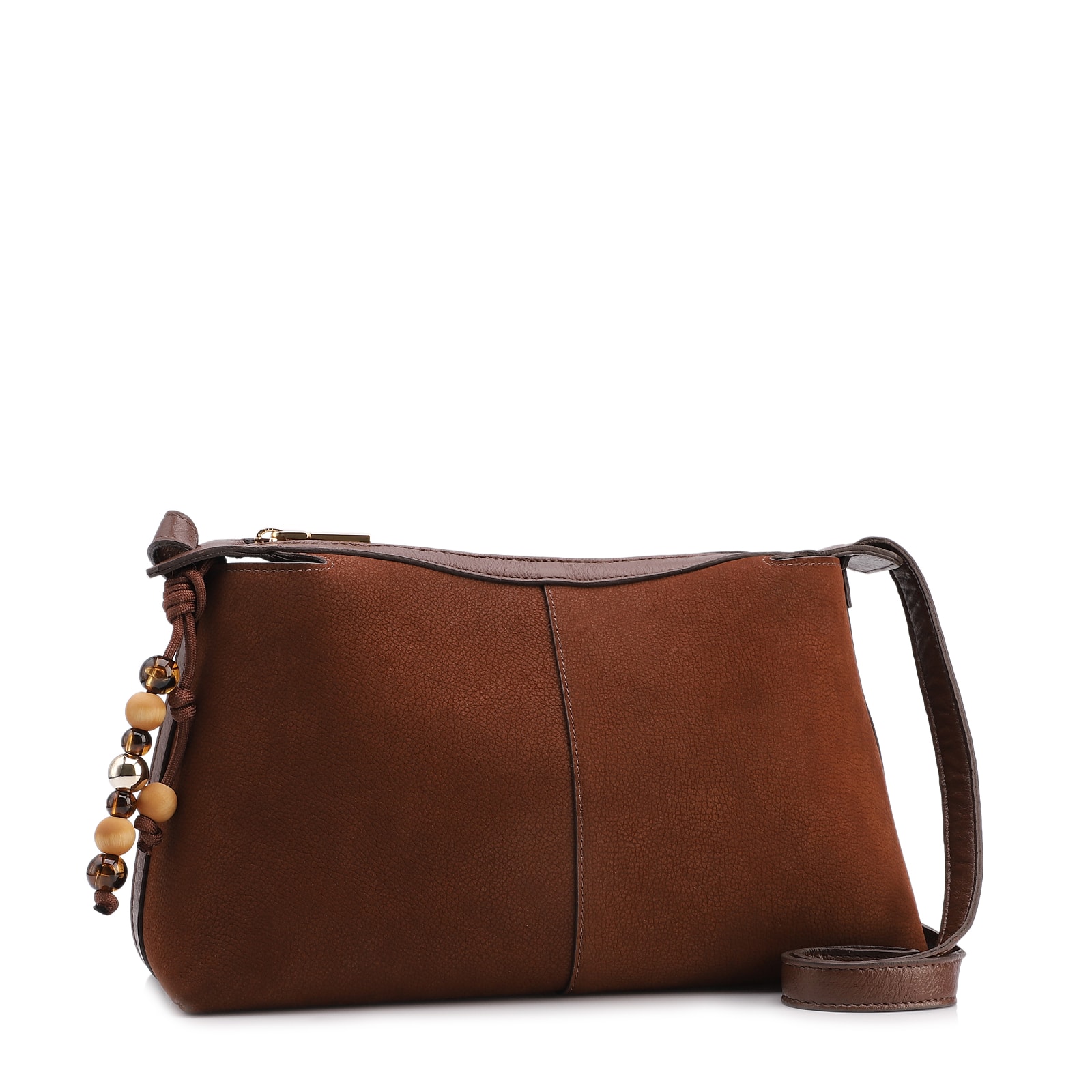 Bolsa Transversal Média Couro Nobuck Floater Marrom Miçangas