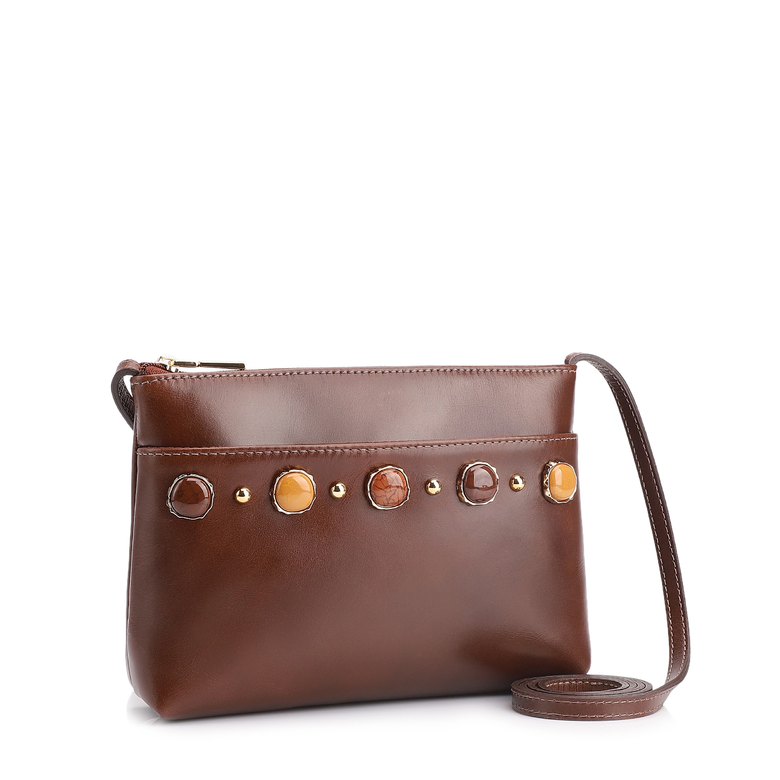 Bolsa Transversal Pedras Couro Marrom