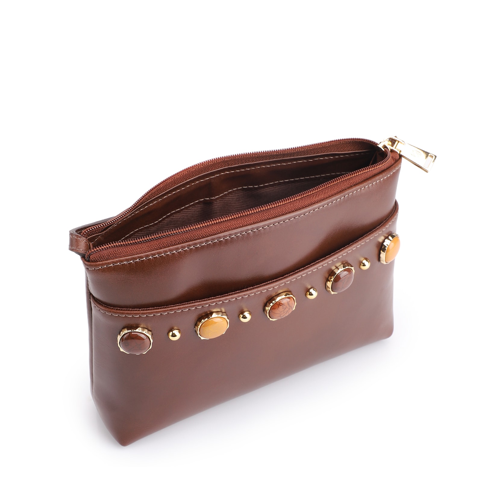 Bolsa Transversal Pedras Couro Marrom