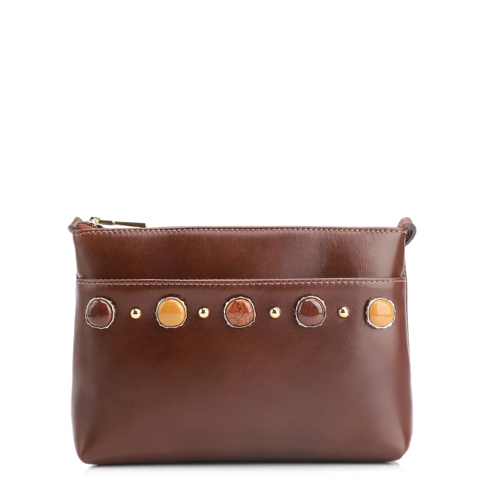 Bolsa Transversal Pedras Couro Marrom