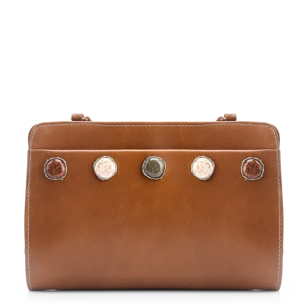 Bolsa Transversal Pedras Couro Marrom