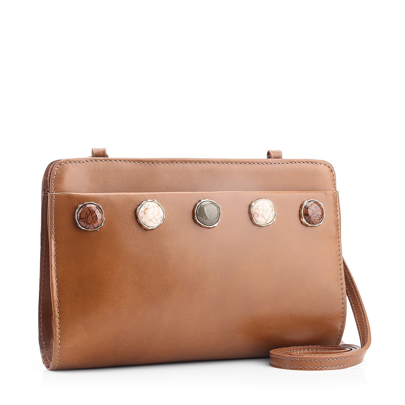 Bolsa Transversal Pedras Couro Marrom