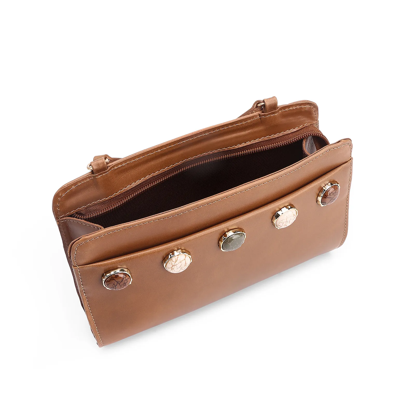 Bolsa Transversal Pedras Couro Marrom