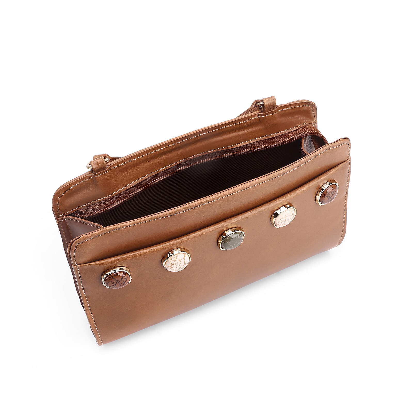 Bolsa Transversal Pedras Couro Marrom