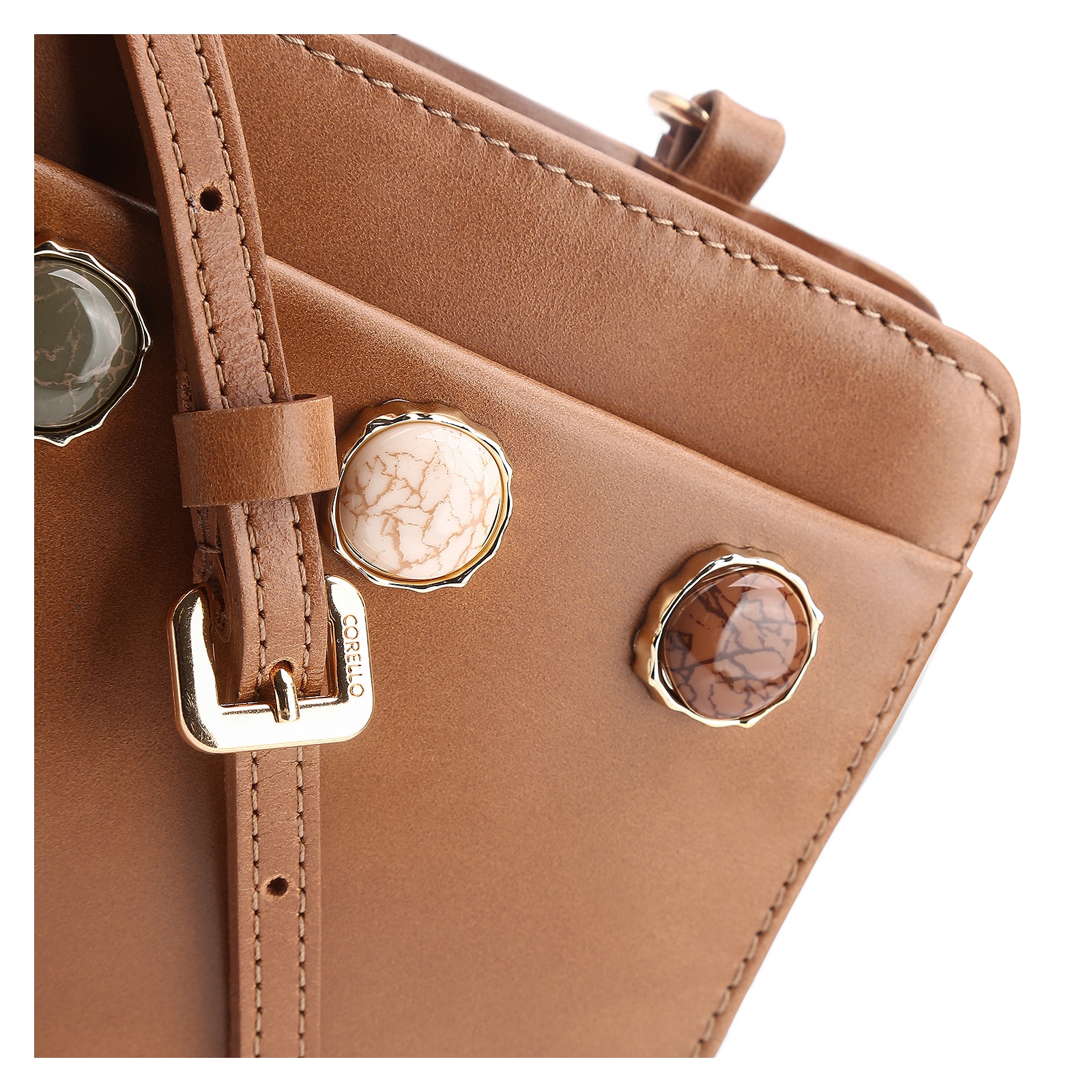 Bolsa Transversal Pedras Couro Marrom