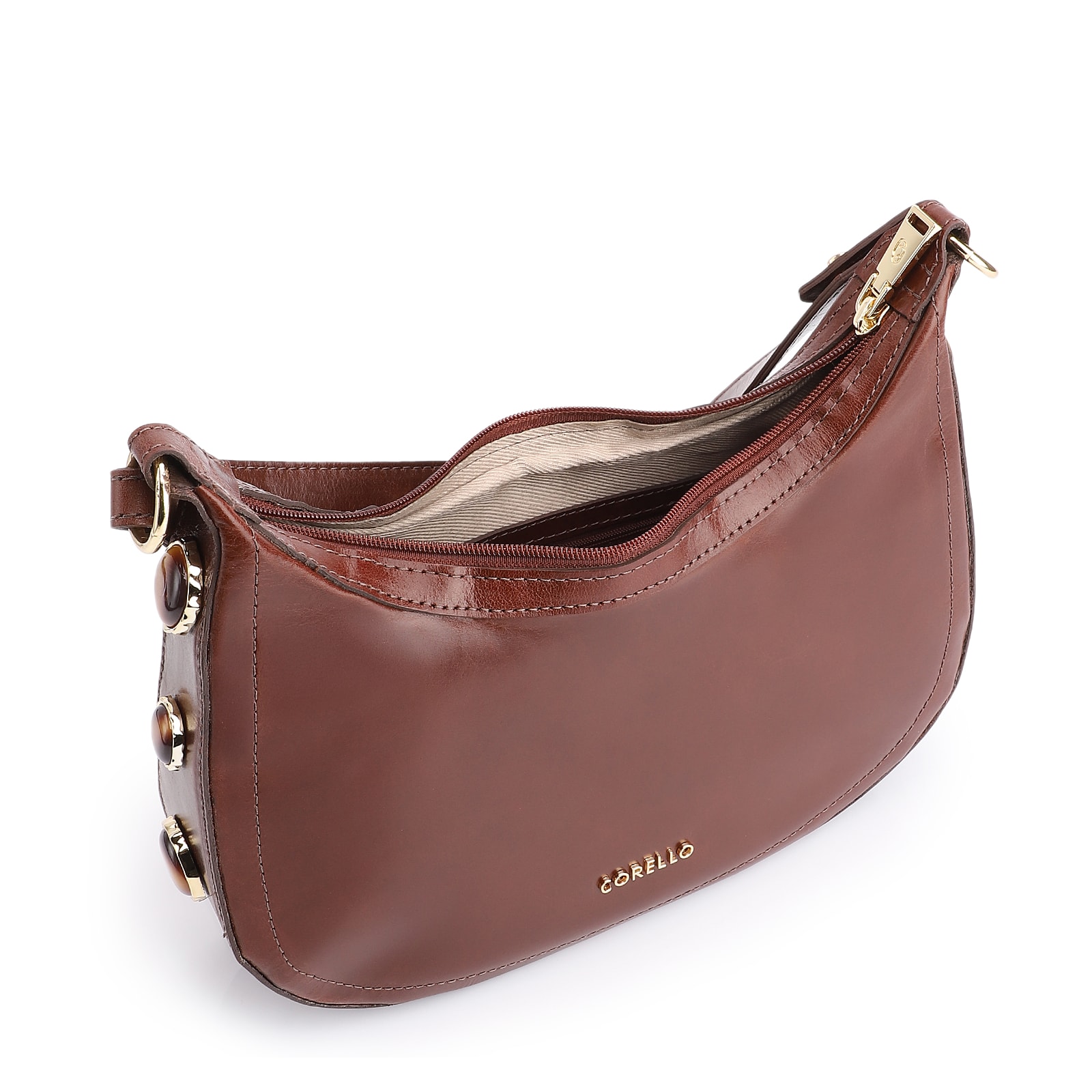 Bolsa Transversal Pedras Couro Marrom