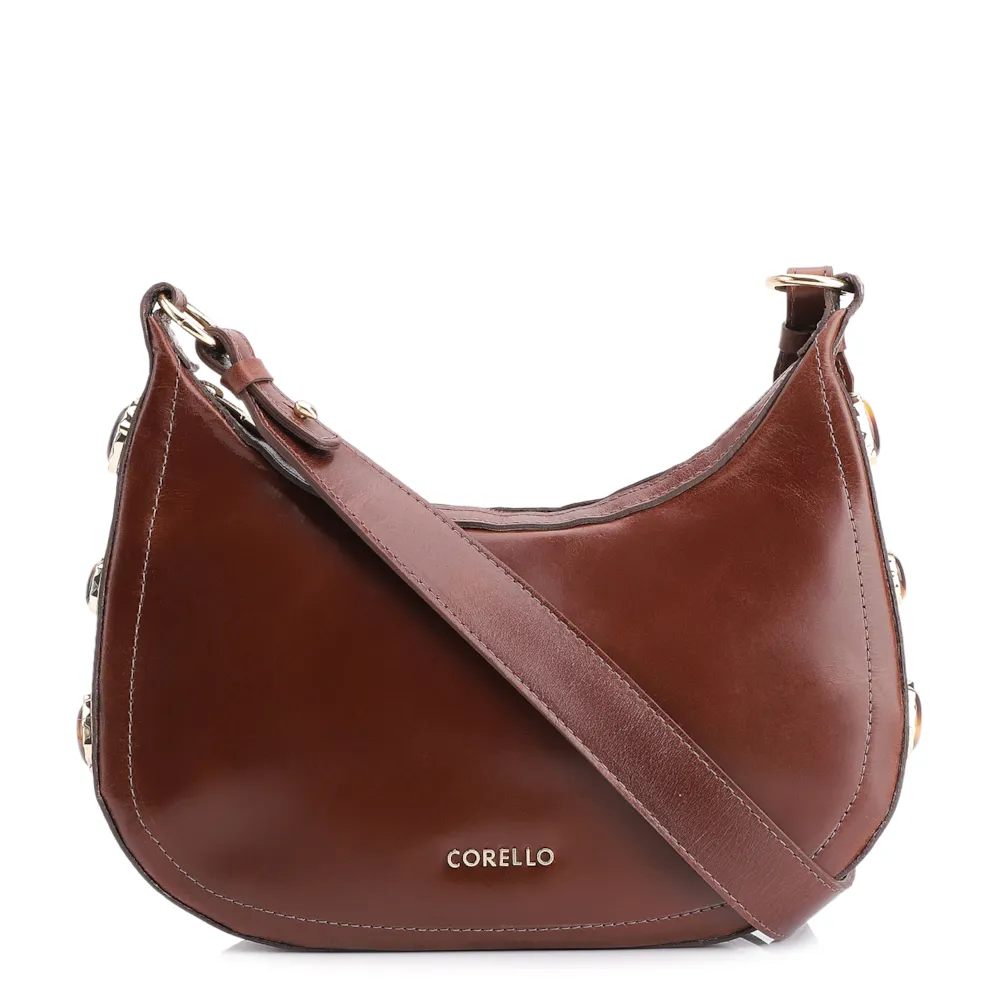 Bolsa Transversal Pedras Couro Marrom