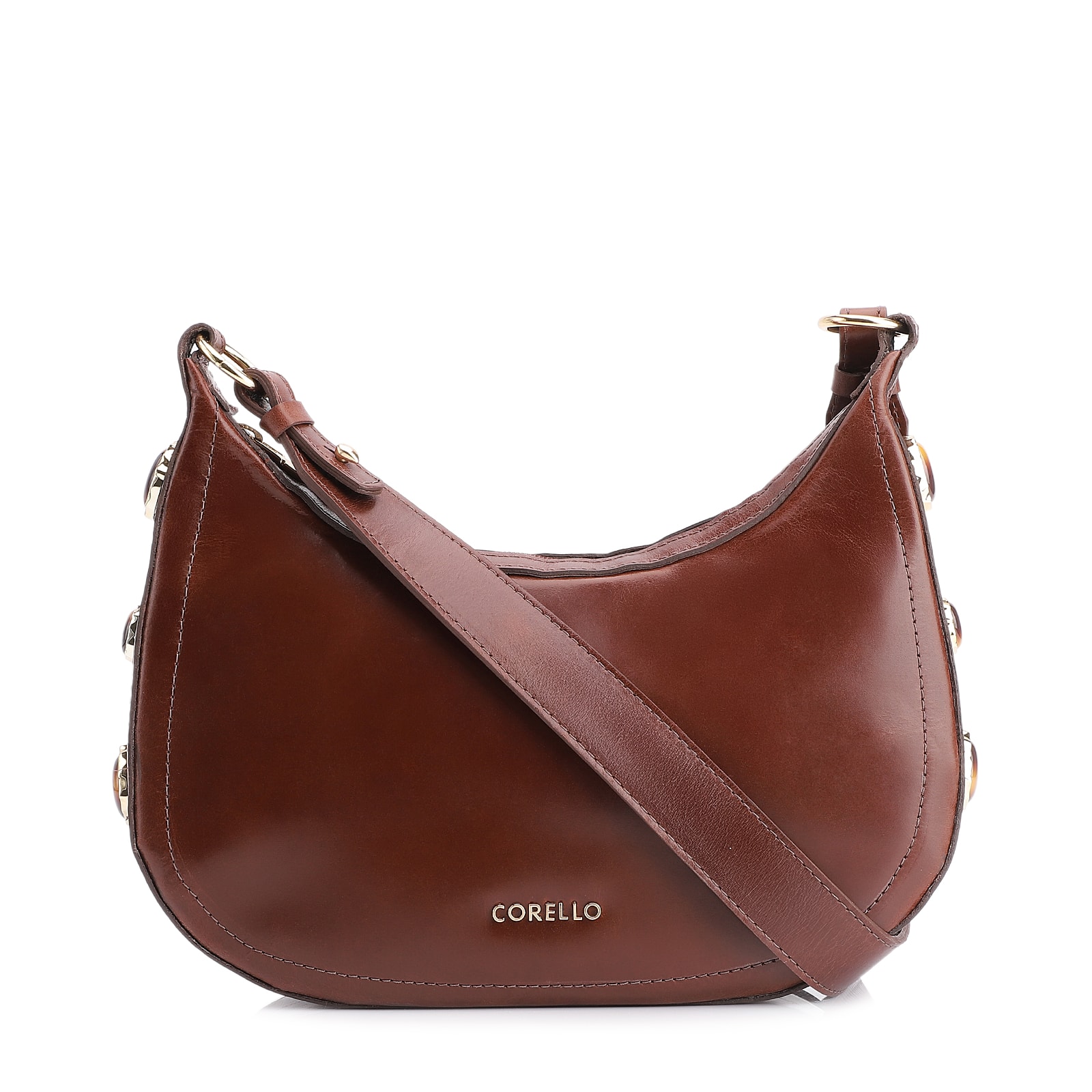 Bolsa Transversal Pedras Couro Marrom