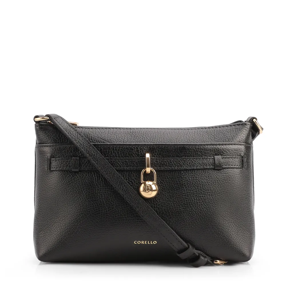 Bolsa Transversal Pequena Couro Antique Preto Pingente Cadeado