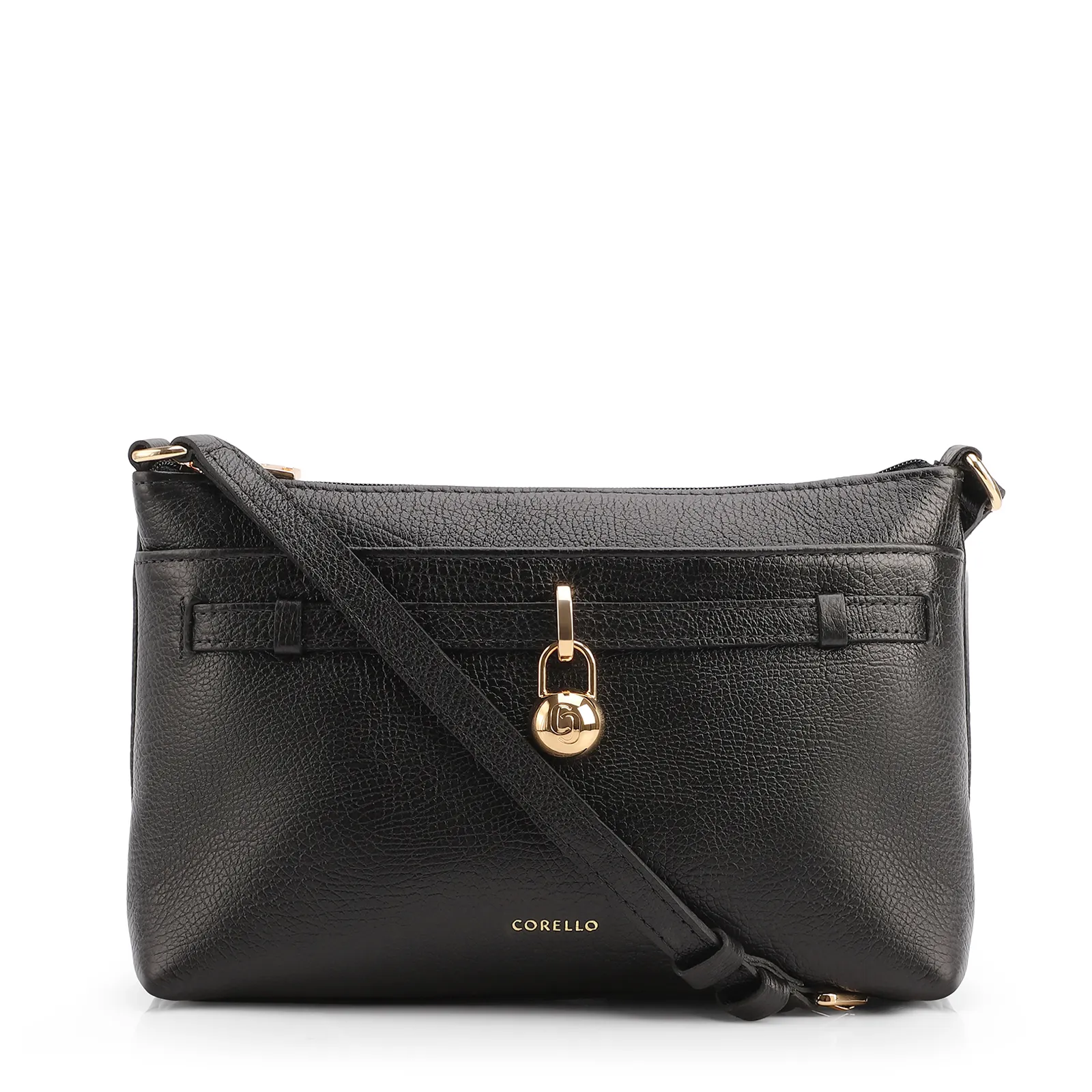 Bolsa Transversal Pequena Couro Antique Preto Pingente Cadeado
