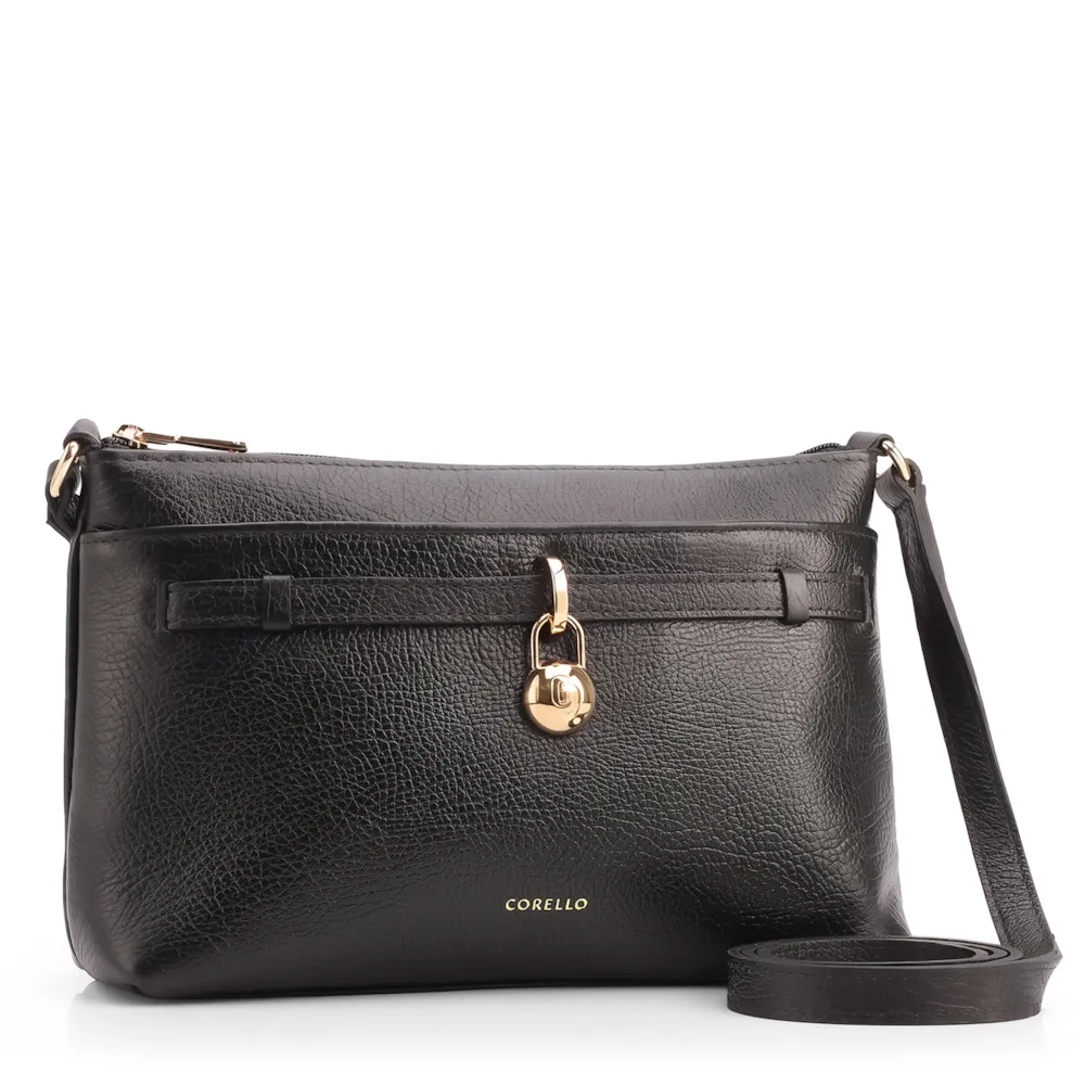 Bolsa Transversal Pequena Couro Antique Preto Pingente Cadeado - imagem 2