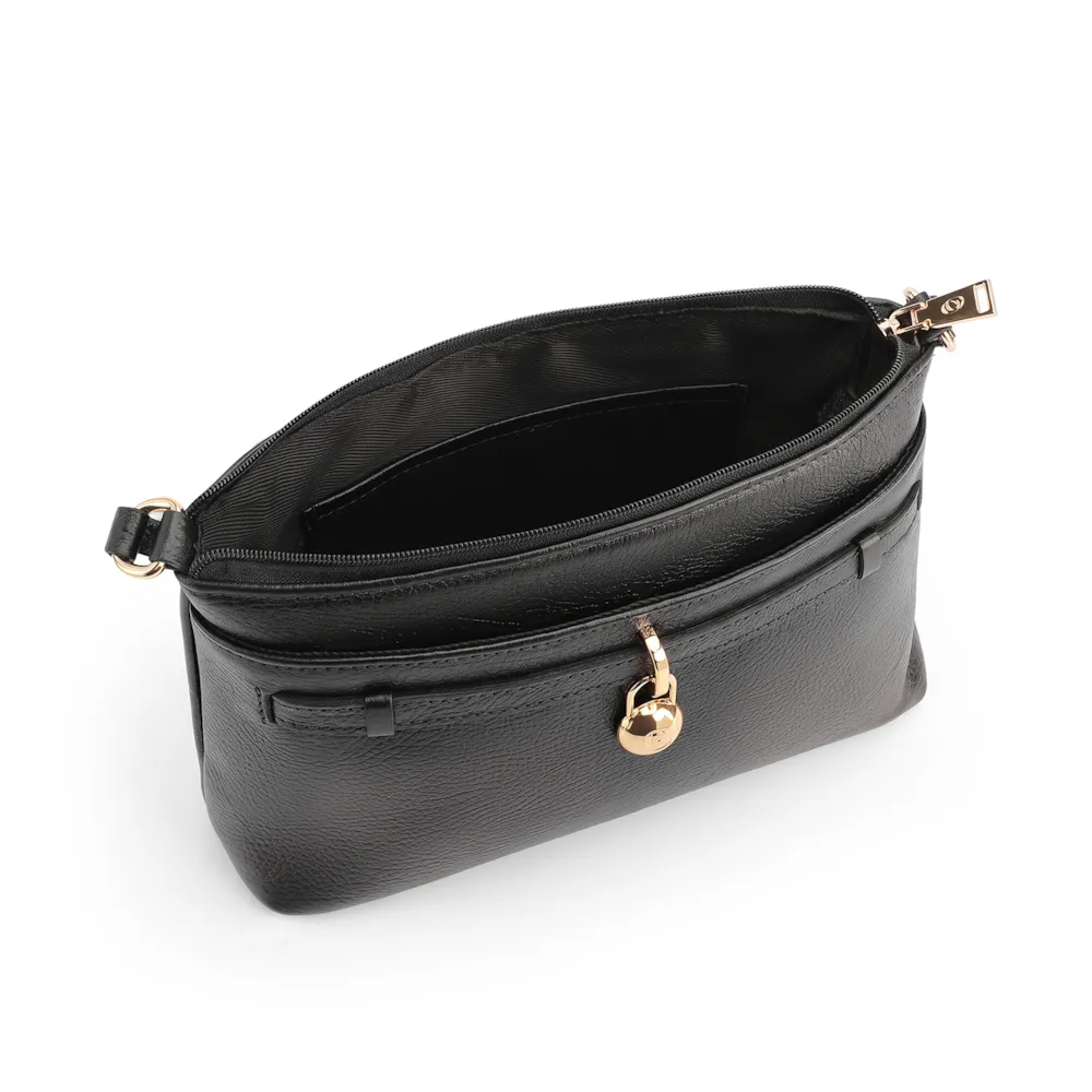 Bolsa Transversal Pequena Couro Antique Preto Pingente Cadeado - imagem 4