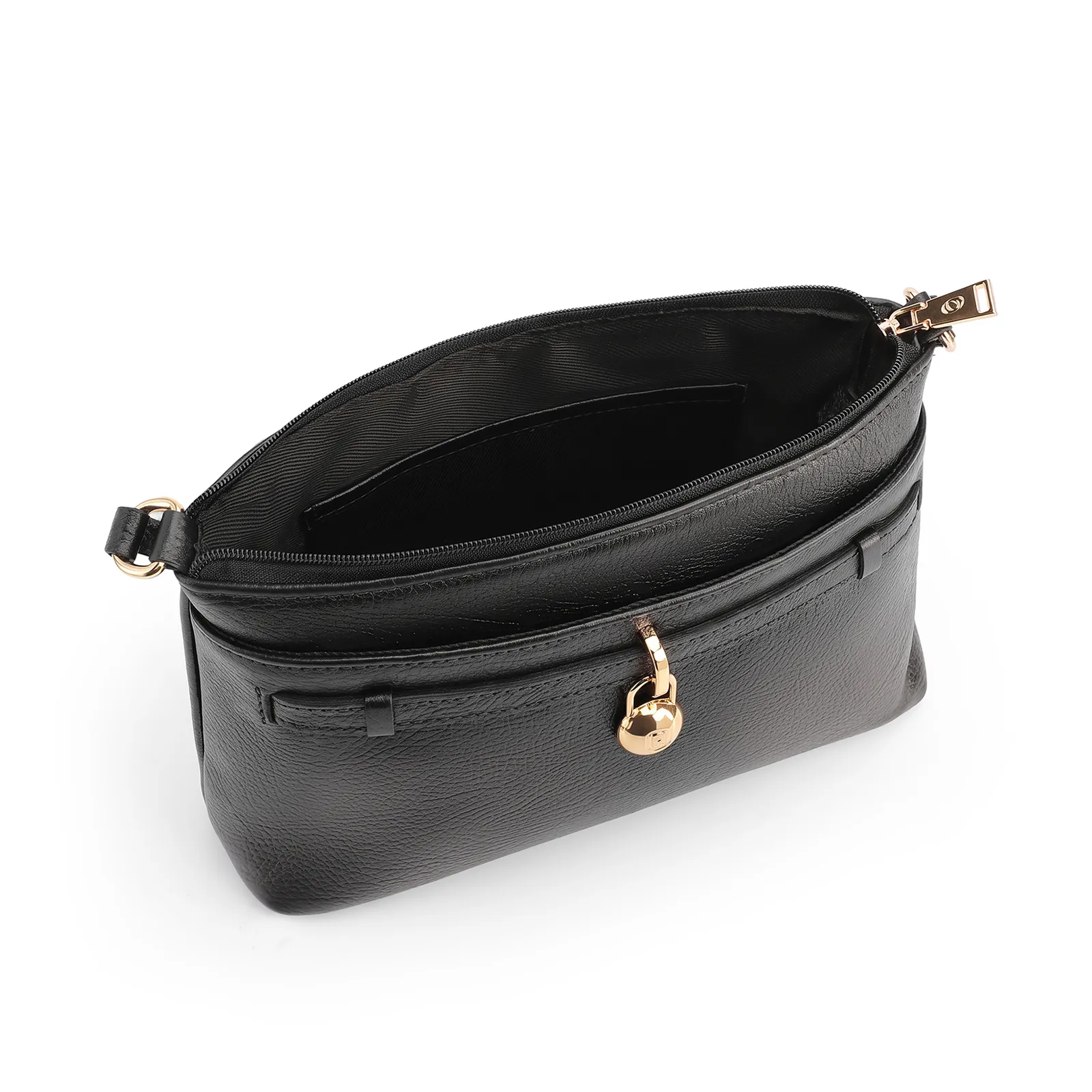 Bolsa Transversal Pequena Couro Antique Preto Pingente Cadeado