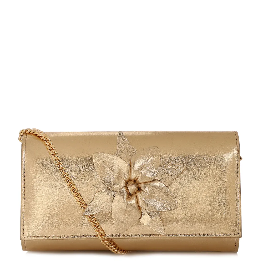 Bolsa Transversal Pequena Couro Dourado Aplique Flor Corrente