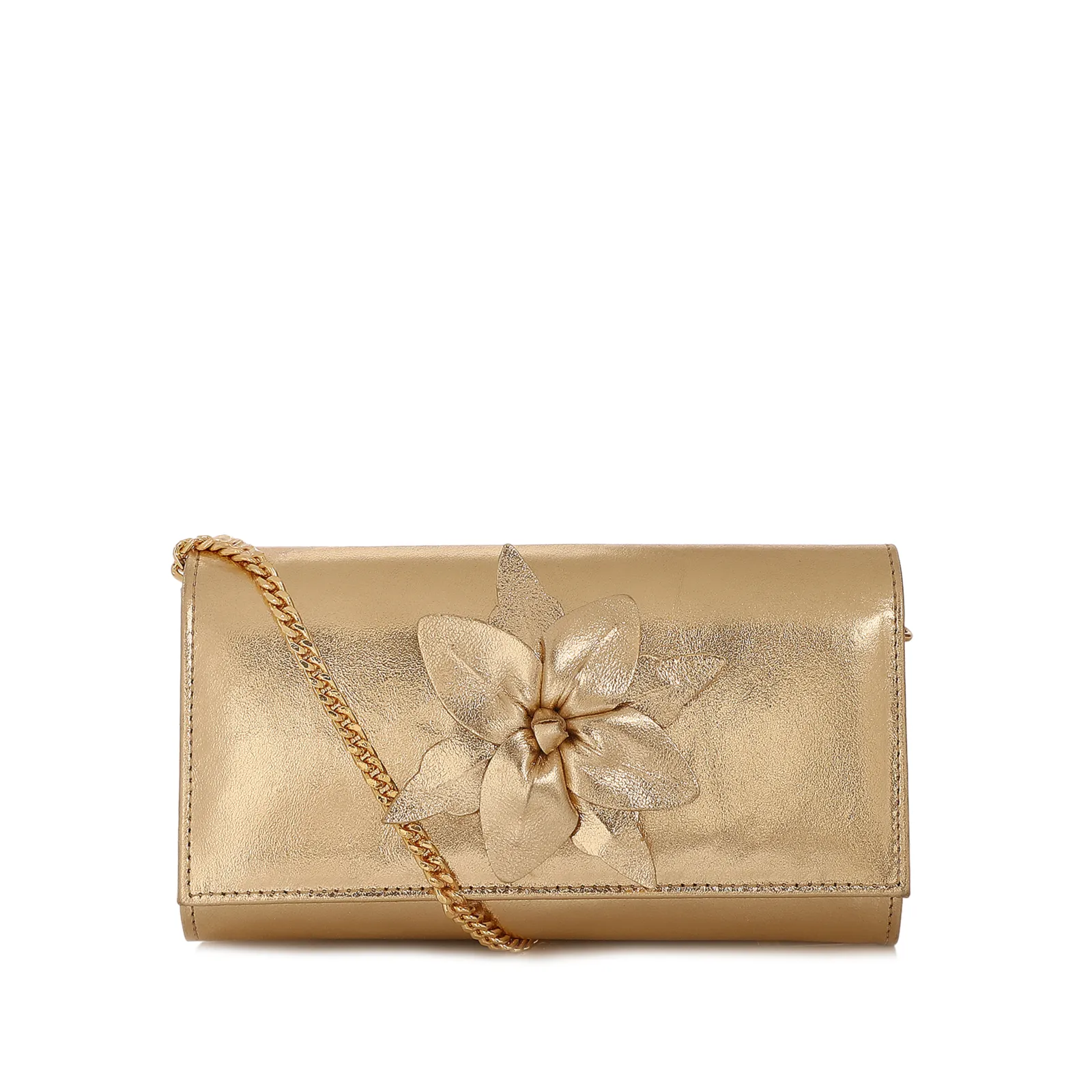 Bolsa Transversal Pequena Couro Dourado Aplique Flor Corrente