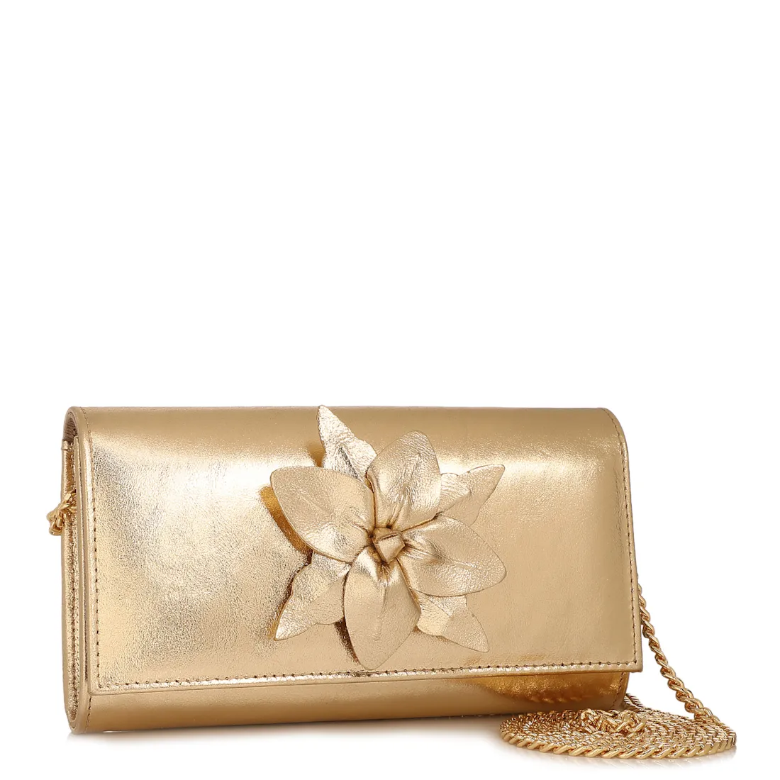 Bolsa Transversal Pequena Couro Dourado Aplique Flor Corrente - foto 2