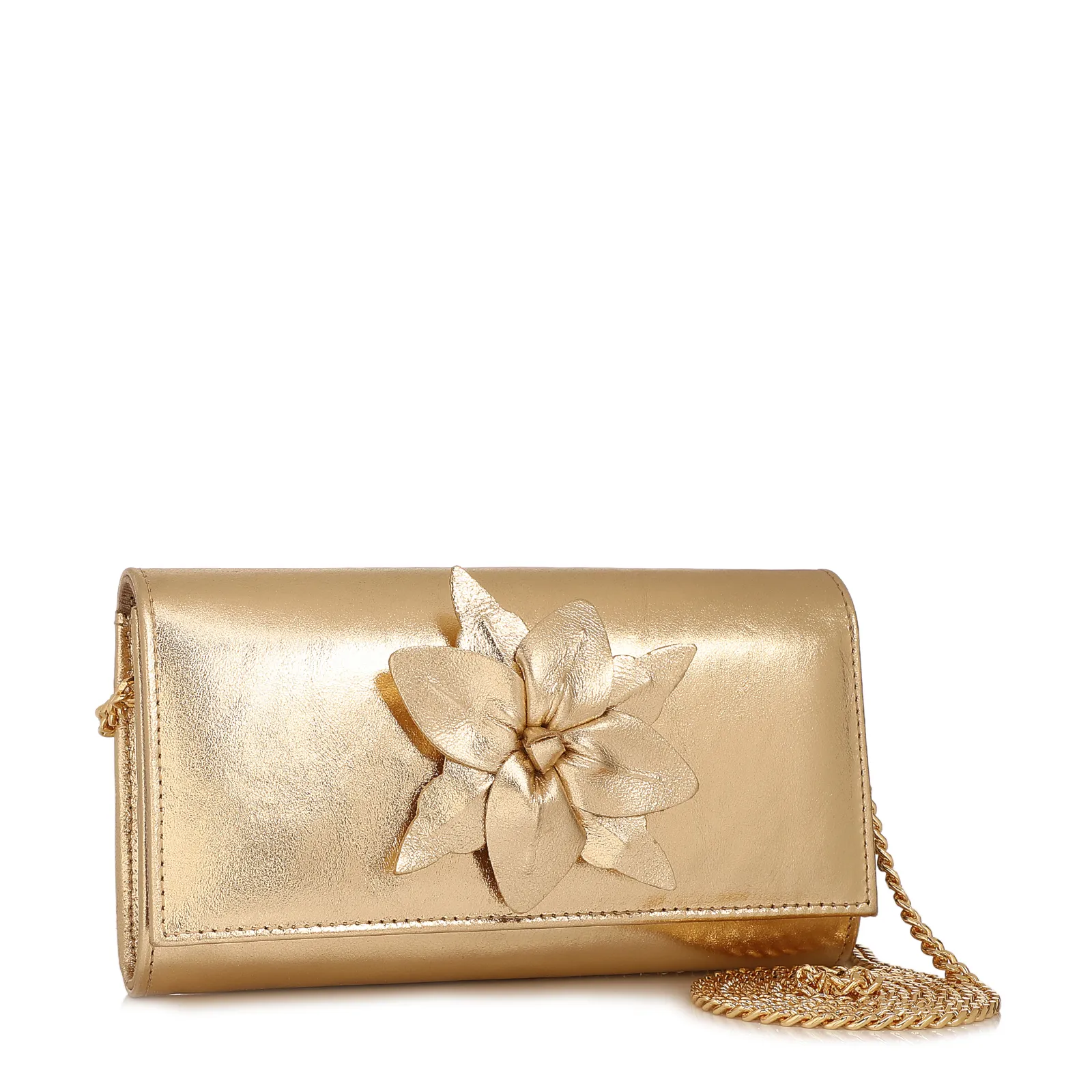 Bolsa Transversal Pequena Couro Dourado Aplique Flor Corrente