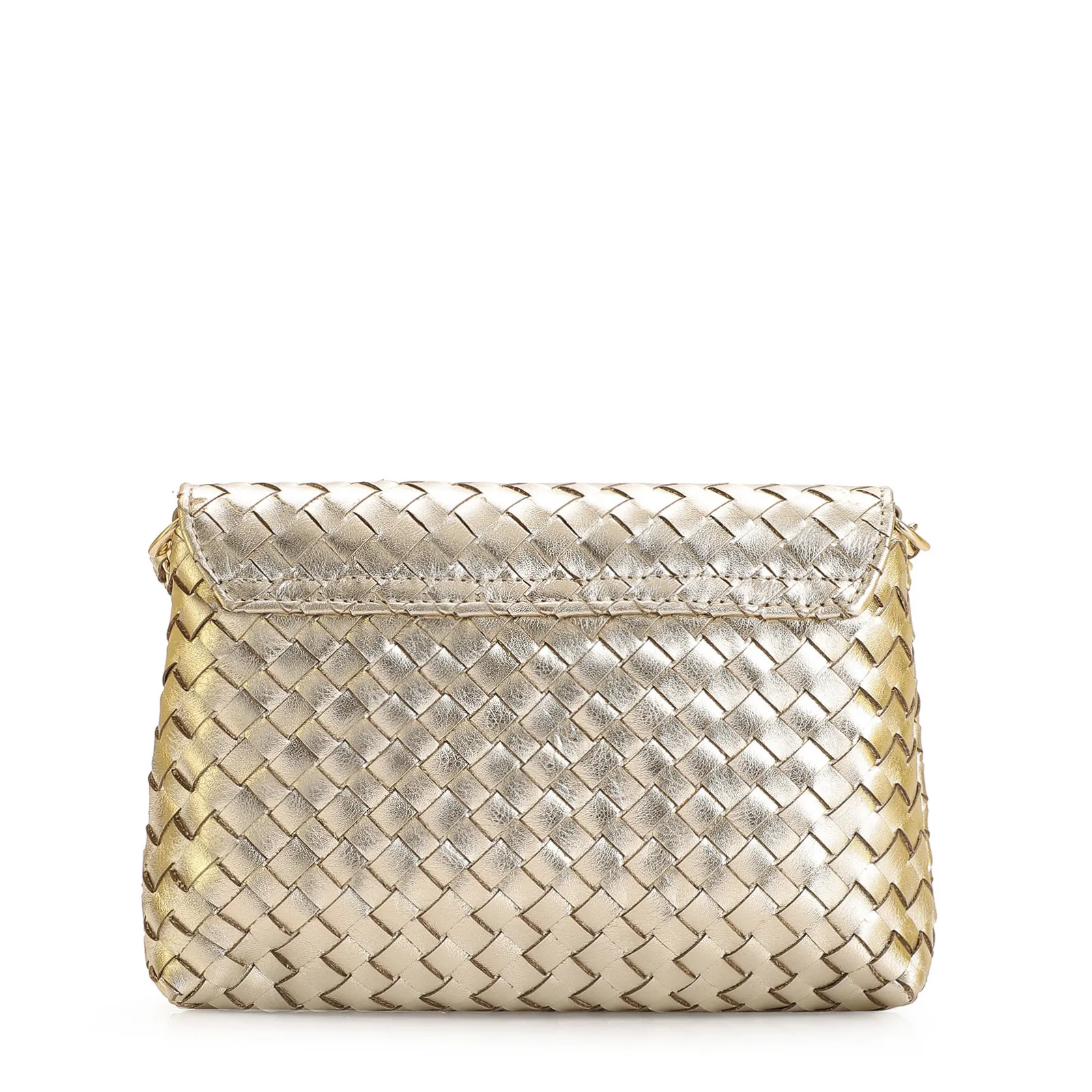 Bolsa Transversal Pequena Couro Dourado Tressê Corrente