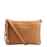 Bolsa Transversal Pequena Couro Marrom Claro Estampa Tressê