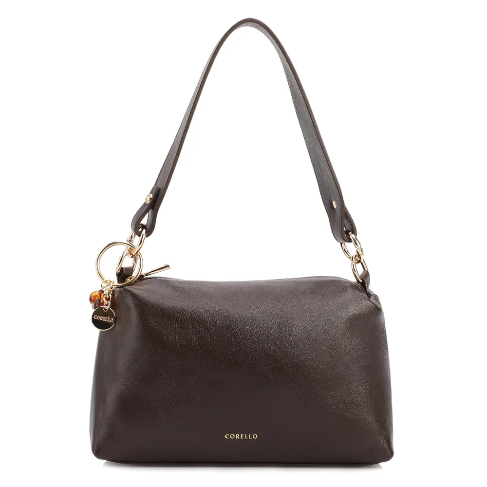 Bolsa Transversal Pequena Couro Marrom Escuro Pingente Argola