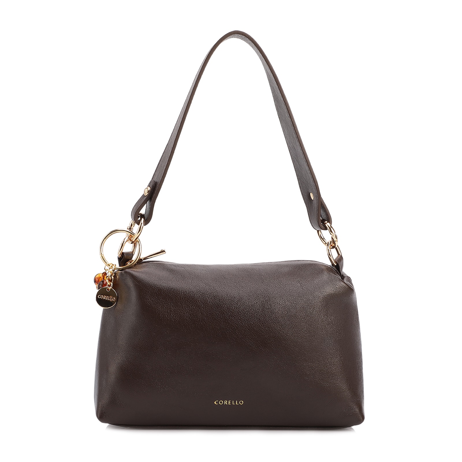 Bolsa Transversal Pequena Couro Marrom Escuro Pingente Argola