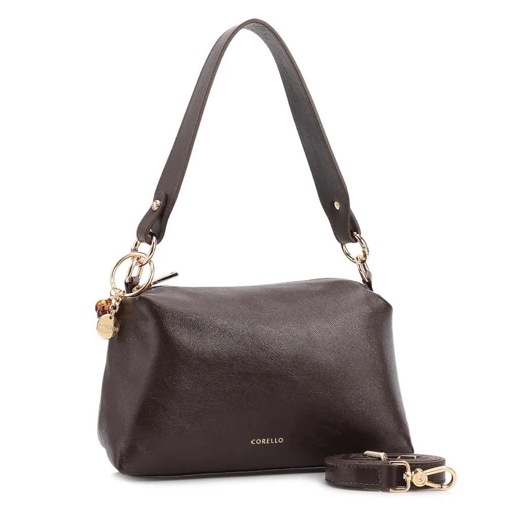 Bolsa Transversal Pequena Couro Marrom Escuro Pingente Argola - imagem 2