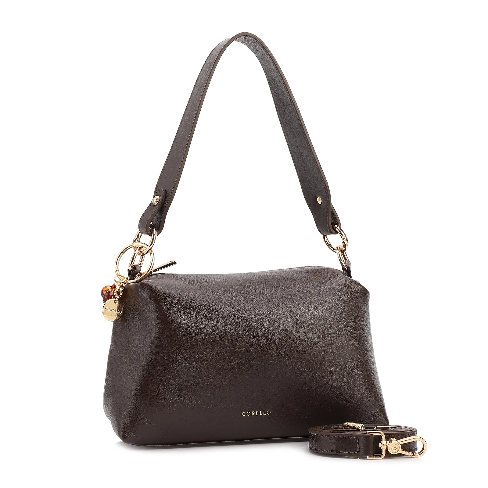 Bolsa Transversal Pequena Couro Marrom Escuro Pingente Argola