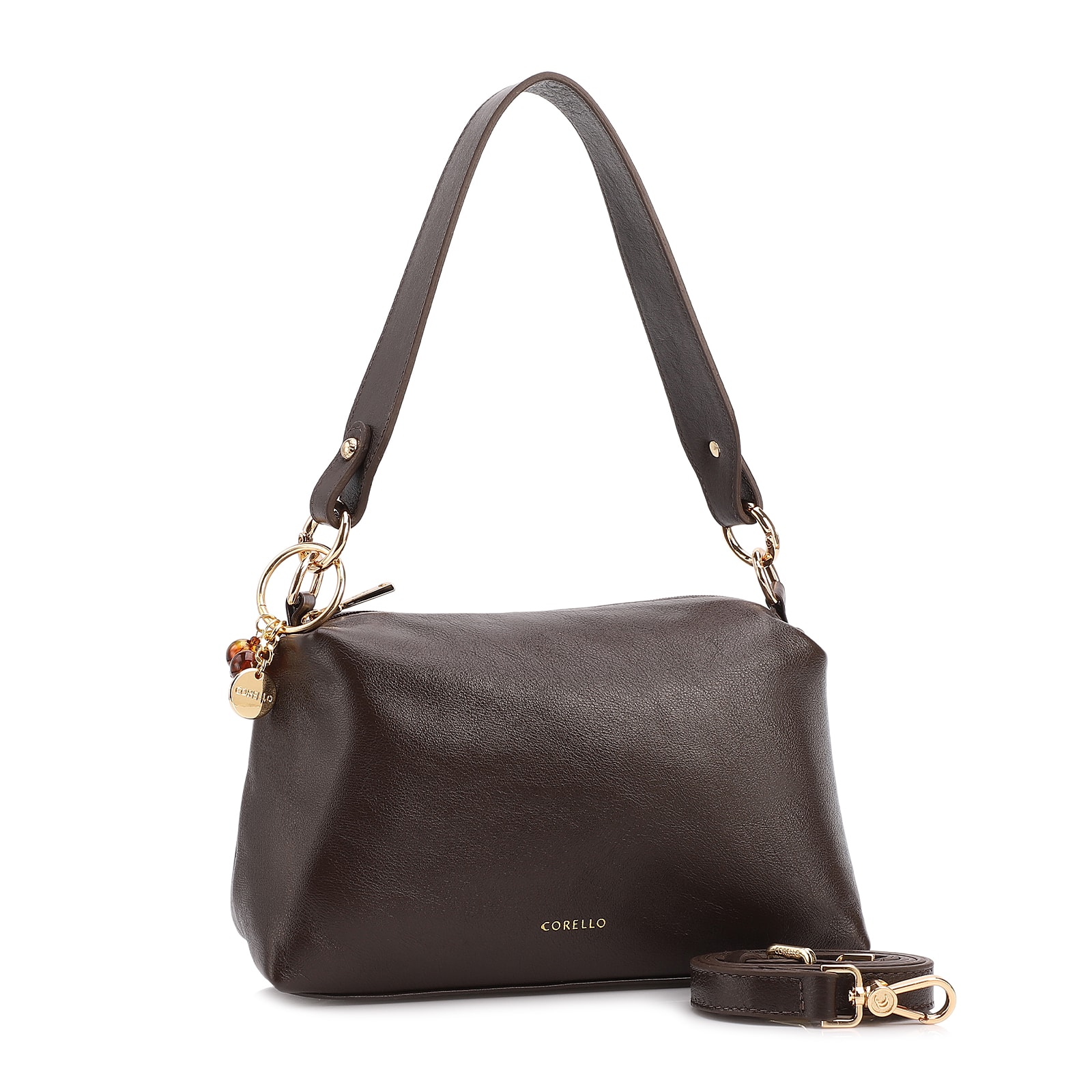 Bolsa Transversal Pequena Couro Marrom Escuro Pingente Argola