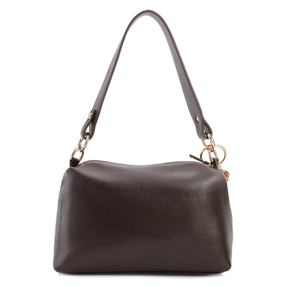 Bolsa Transversal Pequena Couro Marrom Escuro Pingente Argola - imagem 3