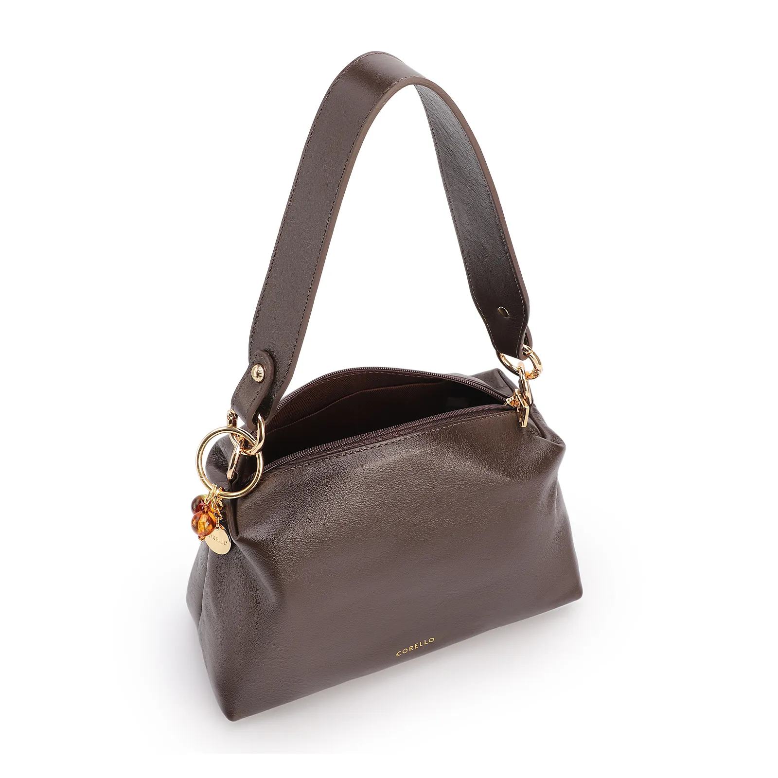 Bolsa Transversal Pequena Couro Marrom Escuro Pingente Argola