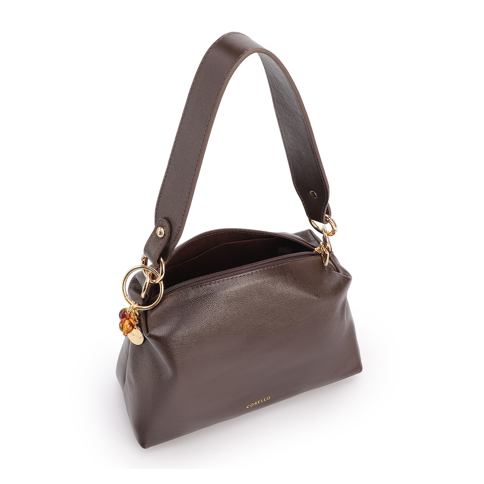 Bolsa Transversal Pequena Couro Marrom Escuro Pingente Argola