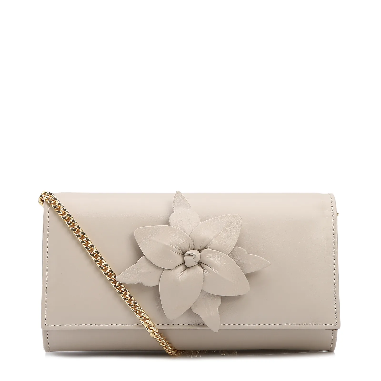 Bolsa Transversal Pequena Couro Off White Aplique Flor Corrente