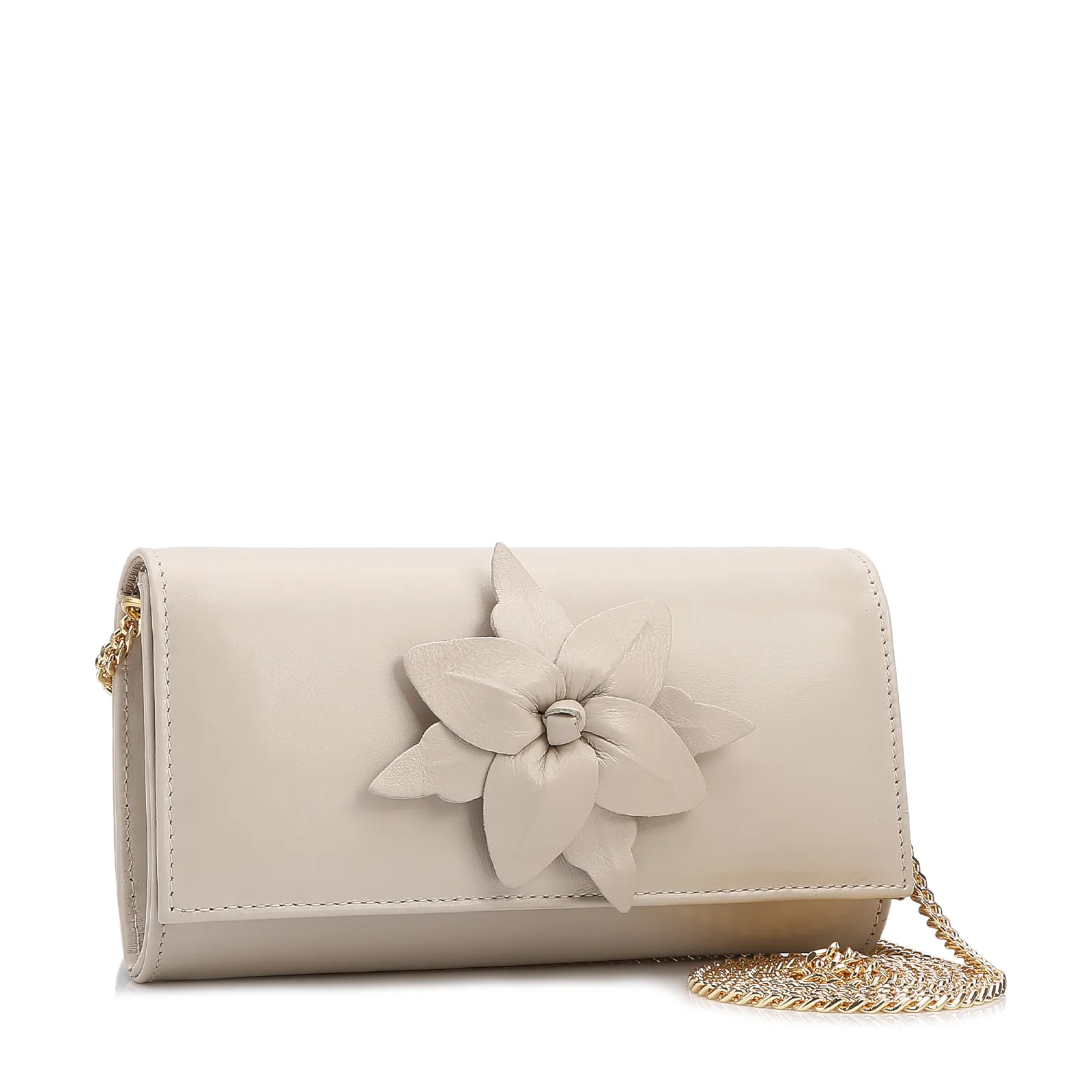 Bolsa Transversal Pequena Couro Off White Aplique Flor Corrente