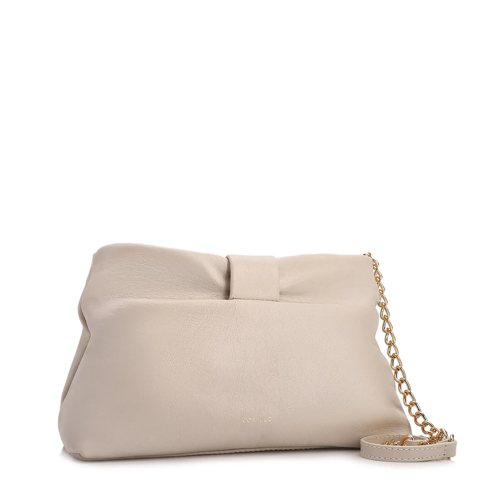Bolsa Transversal Pequena Couro Off White Laço Corrente Dourada