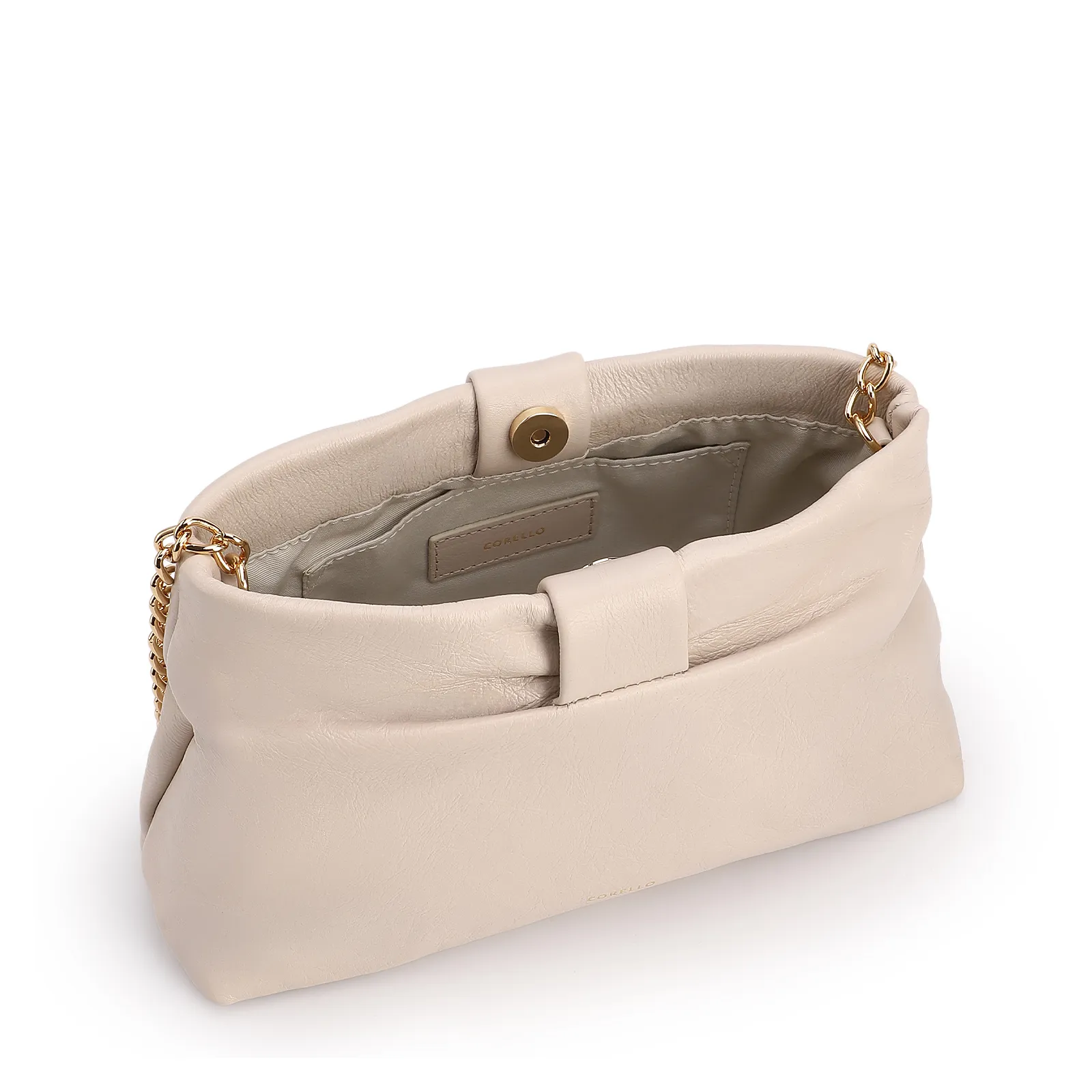 Bolsa Transversal Pequena Couro Off White Laço Corrente Dourada