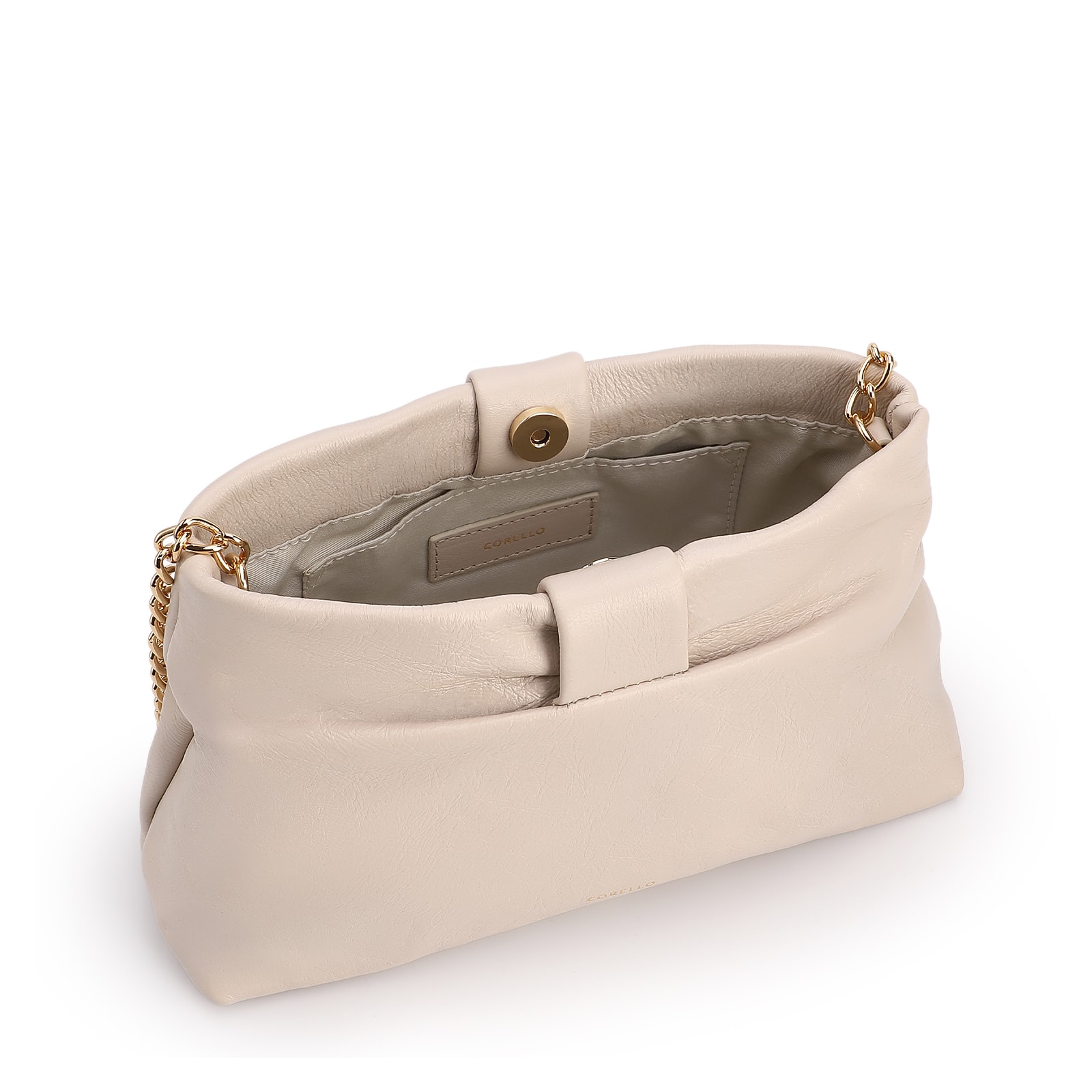 Bolsa Transversal Pequena Couro Off White Laço Corrente Dourada
