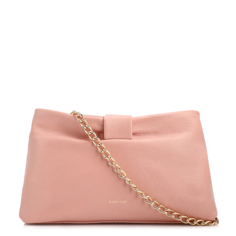 Bolsa Transversal Pequena Couro Rosa Laço Corrente Dourada